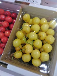 清川屋イオン酒田南店です！本日は、めずらしい黄色いさくらんぼ🍒「月山錦」が入荷しました✨実も大きくプリプリです！佐藤錦も真っ赤でとっても美味しそうです🤤数に限りがありますのでお早めにご来店ください😊